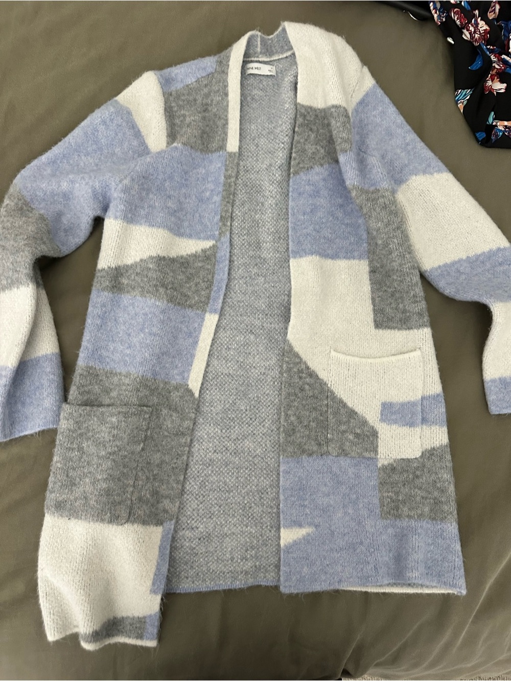 Nine West Open-Front Patchwork Cardigan in Blue Gray Cream